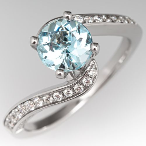 1 Carat Round Cut Aquamarine Ring w/ Diamonds