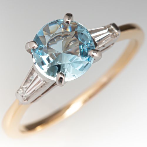 14K Two Tone Round Cut Aquamarine Ring w/ Baguette Diamond Accents