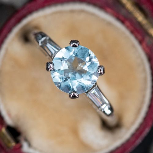 1 Carat Round Cut Aquamarine Ring w/ Baguette Diamonds