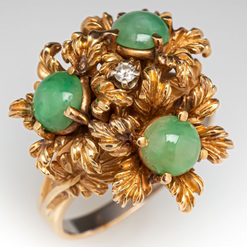 14K Yellow Gold Vintage Floral Jade Ring