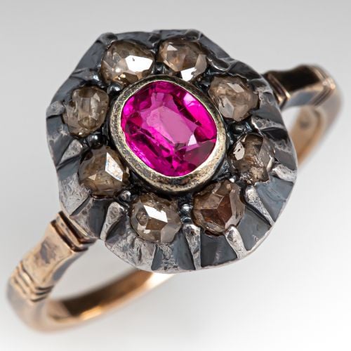 Victorian Silver-Topped Yellow Gold Lab Ruby & Old Diamond Ring