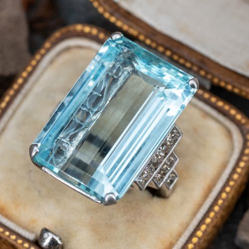 25 Carat Emerald Cut Aquamarine Cocktail Ring w/ Diamonds