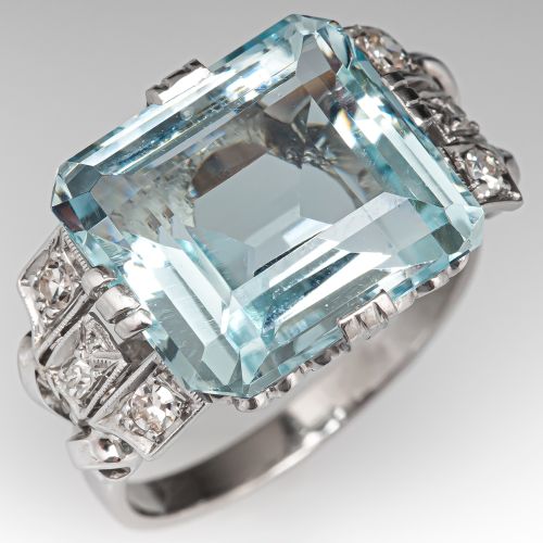 Retro Vintage Emerald Cut Aquamarine Ring w/ Diamonds 18K
