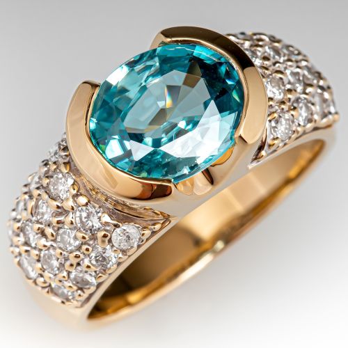 3.7 Carat Blue Zircon Ring w/ Diamond Accents 14K Yellow Gold