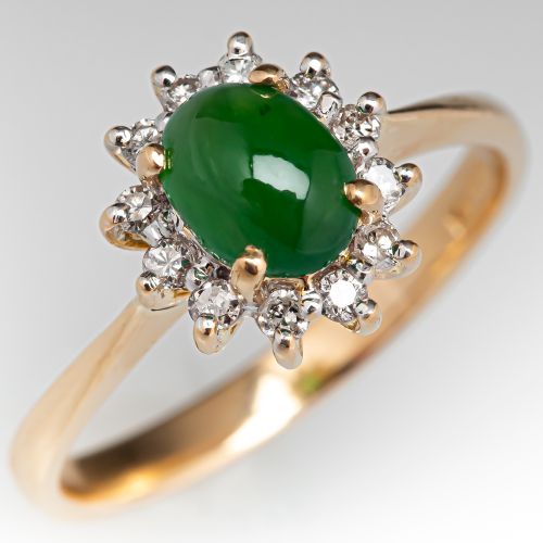 Untreated Jadeite Jade Ring w/ Diamonds 14K Yellow Gold