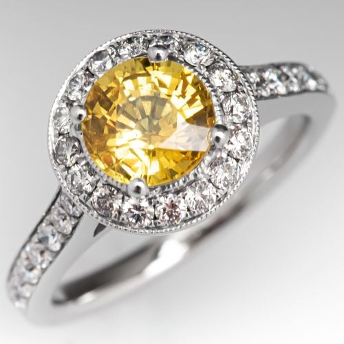 Yellow Sapphire Engagement Ring w/ Diamond Halo 14K White Gold