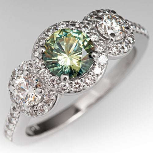Green Sapphire Engagement Ring w/ Diamonds 14K White Gold