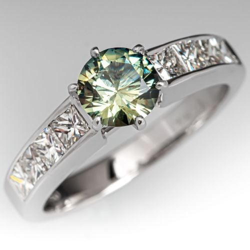 No Heat Green Sapphire Engagement Ring 18K White Gold w/ Diamonds