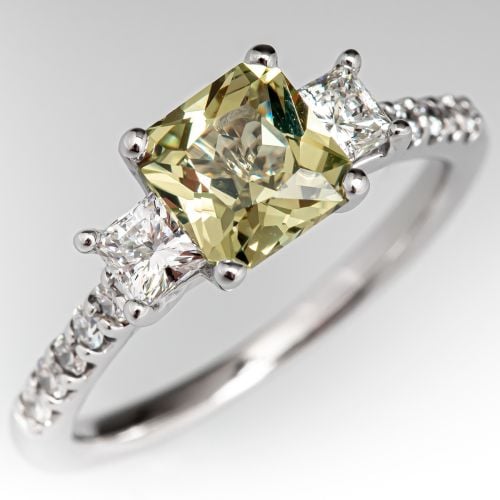 Yellow Green Sapphire & Celebration Diamond Three Stone Engagement Ring