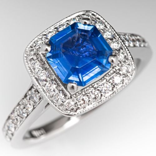 Scott Kay Halo Engagement Ring w/ No Heat Emerald Cut Sapphire