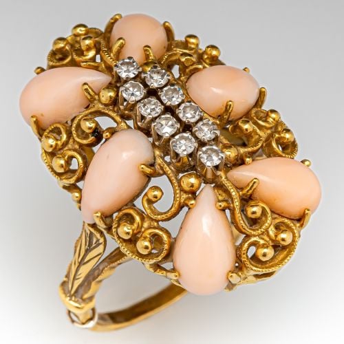 Chunky 1970s Angel Skin Coral & Diamond Cocktail Ring 18K Gold