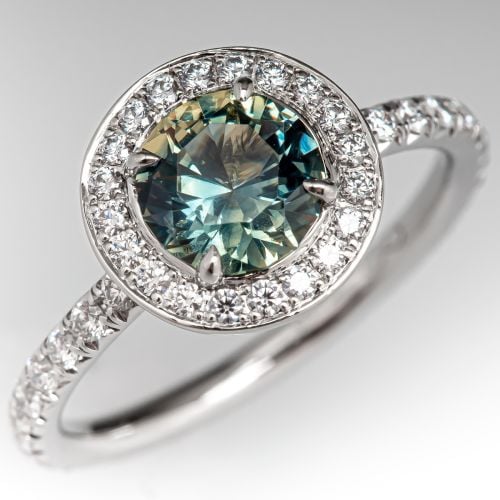 Round Sapphire Halo Engagement Ring w/ Diamonds Platinum