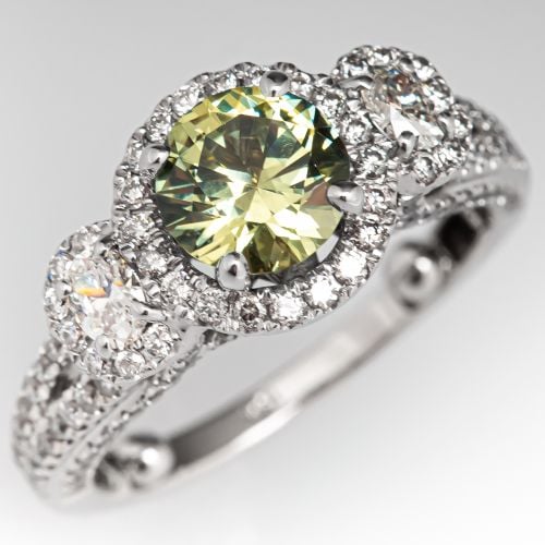 Green Sapphire Engagement Ring Diamond Halo 18K White Gold
