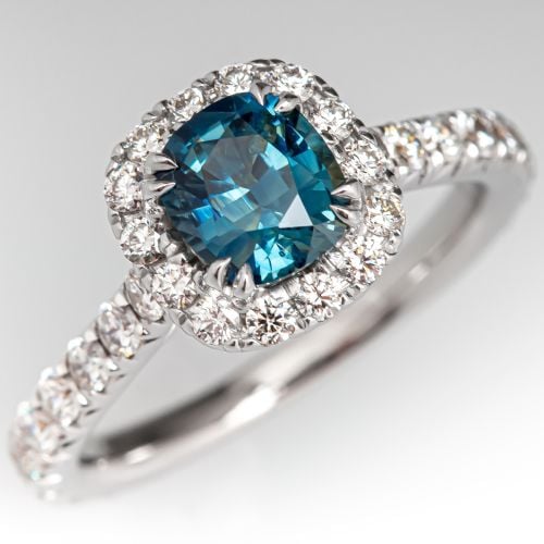 No Heat Teal Sapphire Engagement Ring 14k White Gold Diamond Halo