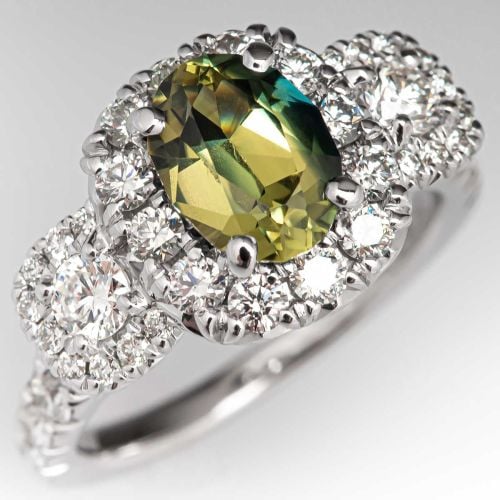 Bi-Color Parti Blue Green Sapphire Diamond Ring 18K White Gold