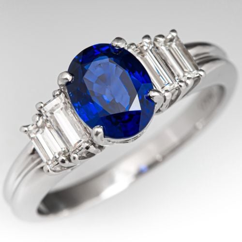 No Heat Vivid Blue Sapphire & Baguette Diamond Ring Platinum