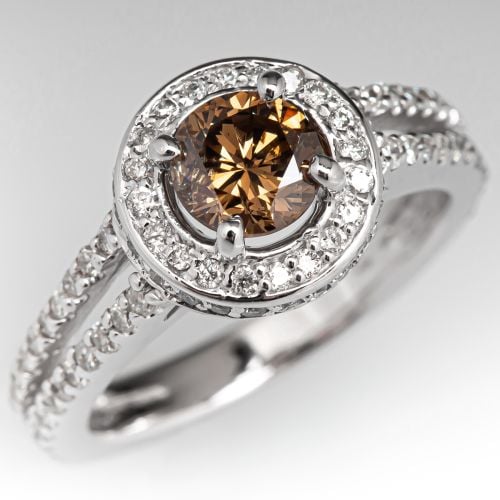 Fancy Dark Yellowish Brown Diamond Halo Engagement Ring 14K White Gold .72ct I1 GIA