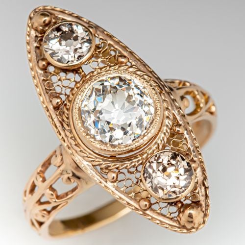 Navette Shaped Antique Old European Cut Diamond Ring 14K Yellow Gold 1.07ct H/SI1