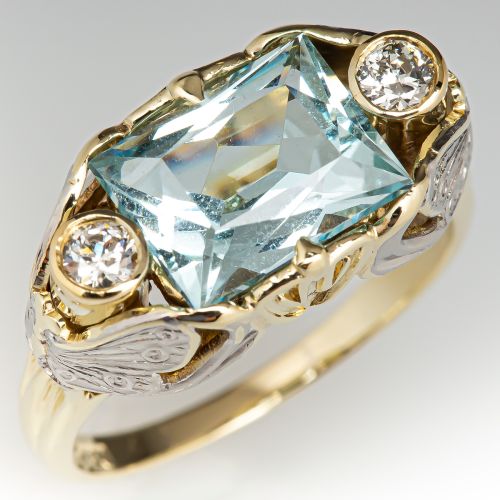 Vintage Aquamarine Cocktail Ring w/ Diamonds 14K
