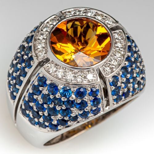 Citrine Cocktail Ring w/ Diamonds & Sapphires 18K White Gold