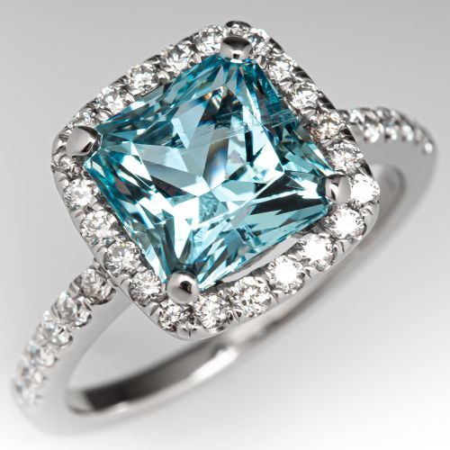 Natural Aquamarine & Diamond Halo Ring Palladium