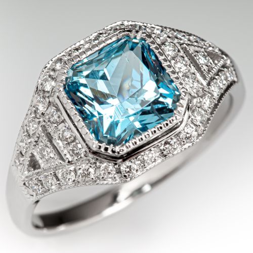 Beautiful No Heat Natural Aquamarine & Diamond Ring Platinum