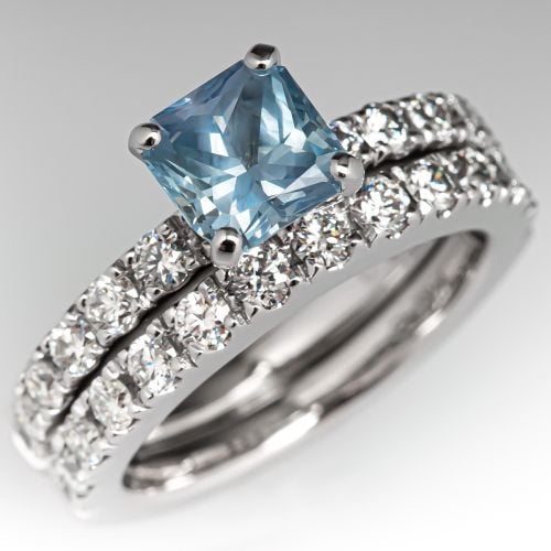 No Heat Montana Sapphire Engagement Ring Bridal Set 14K White Gold