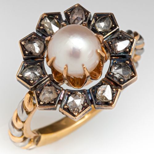 Natural Pearl & Rose Cut Diamond Ring Yellow Gold & Platinum