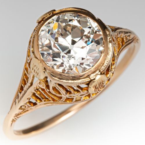 1930s Antique 2 Carat Bezel Set Diamond Filigree Engagement Ring 2.14ct M/VS2 GIA
