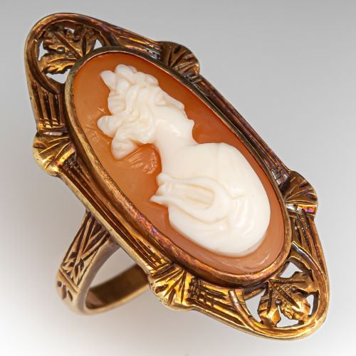 Vintage Shell Cameo Cocktail Ring 14K Yellow Gold