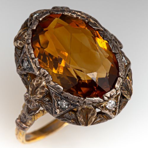 Detailed Vintage Citrine & Diamond Cocktail Ring 14K Yellow Gold & Silver