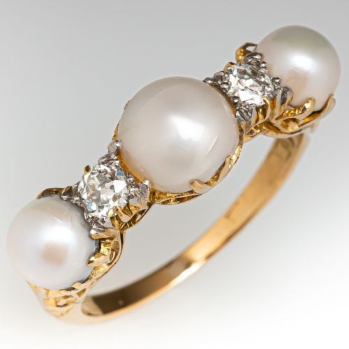Antique Natural Button Pearl & Old Euro Cut Diamond Ring 18K Gold