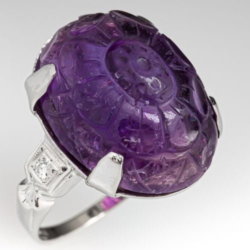 Carved Amethyst Ring w/ Diamond Accents 14K White Gold