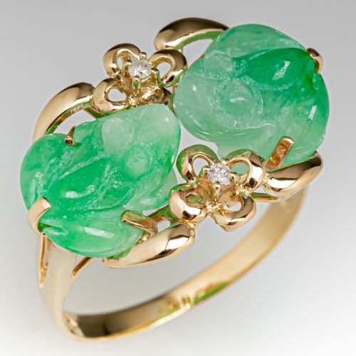 Jadeite B-Jade Frog Ring w/ Diamond Accents 14K Yellow Gold