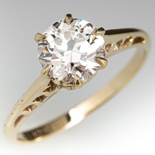 1940's Vintage Yellow Gold Solitaire Diamond Engagement Ring Transitional Cut 1.28ct L/SI1 GIA