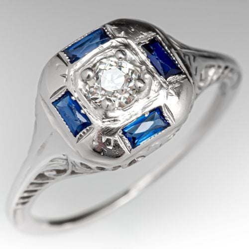 1920's Diamond Engagement Ring w/ Blue Accents 18K White Gold .20ct I/VS1