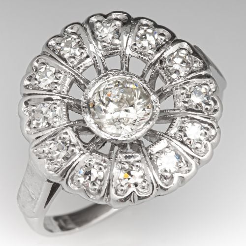 Vintage Diamond Ring w/ Halo Platinum, Size 3.25