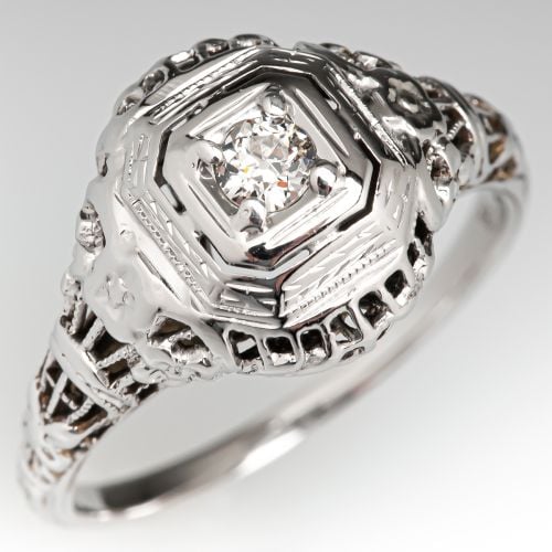 1930's Floral Filigree Diamond Engagement Ring 18K White Gold .12ct G/VS2