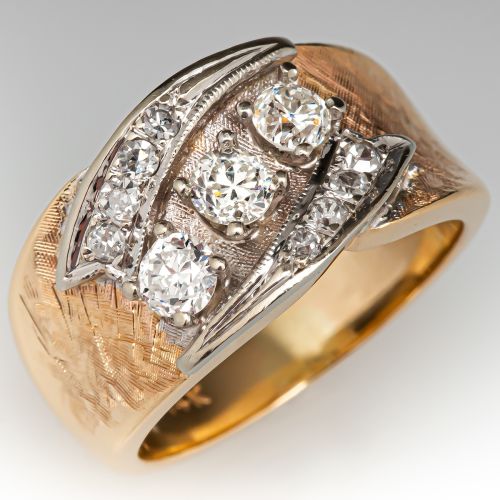 Vintage Retro Diamond Ring Textured 14K Yellow Gold