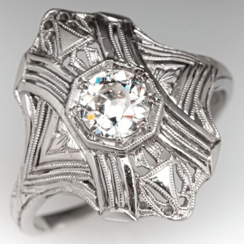 1920's Art Deco Diamond Ring w/ Engravings Platinum .42ct G/SI2