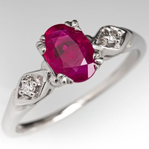Oval Cut Ruby Engagement Ring w/ Diamond Accents 14K White Gold