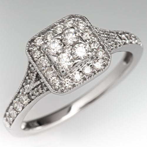 Cluster Diamond Engagement Ring w/ Milgrain Detail White Gold