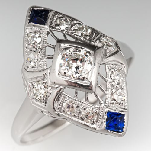 Vintage Openwork Diamond Ring w/ Blue Accents 18K White Gold