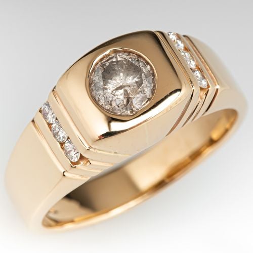 Men's Flush Set Diamond Ring w/ Accents 14K Yellow Gold