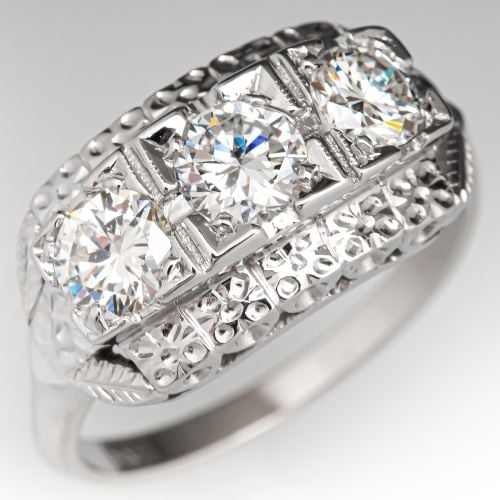 Vintage Three Stone Diamond Ring w/ Floral Motifs 14K White Gold