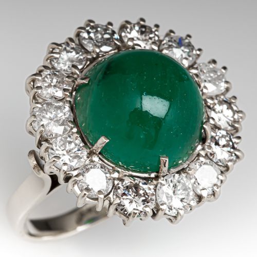 Vintage Emerald Cocktail Ring w/ Diamond Halo 14K White Gold