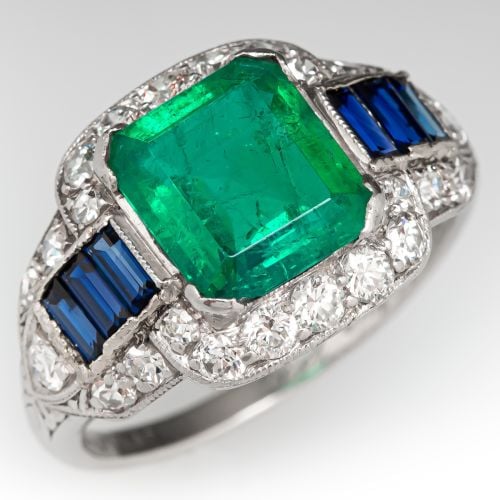1930's Emerald Ring w/ Blue Sapphire and Diamond Accents Platinum