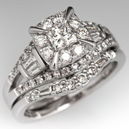 Princess Cut Diamond Engagement Ring Fused Wedding Set 14K White Gold