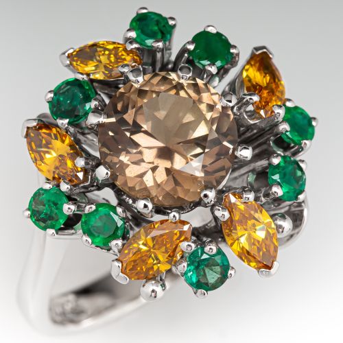 No Heat Color Change Sapphire Ring w/ Fancy Diamonds & Emeralds 18K White Gold