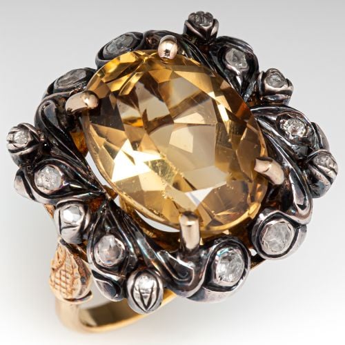 Victorian Citrine & Diamond Cocktail Ring 18K Yellow Gold & Silver
